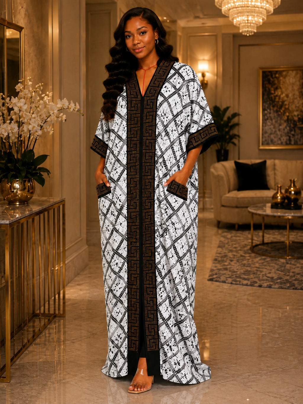 Embellished Geometric Trim Maxi Kaftan