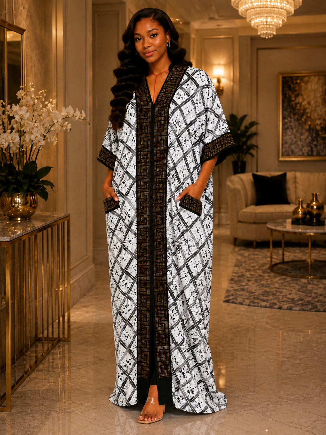 Embellished Geometric Trim Maxi Kaftan