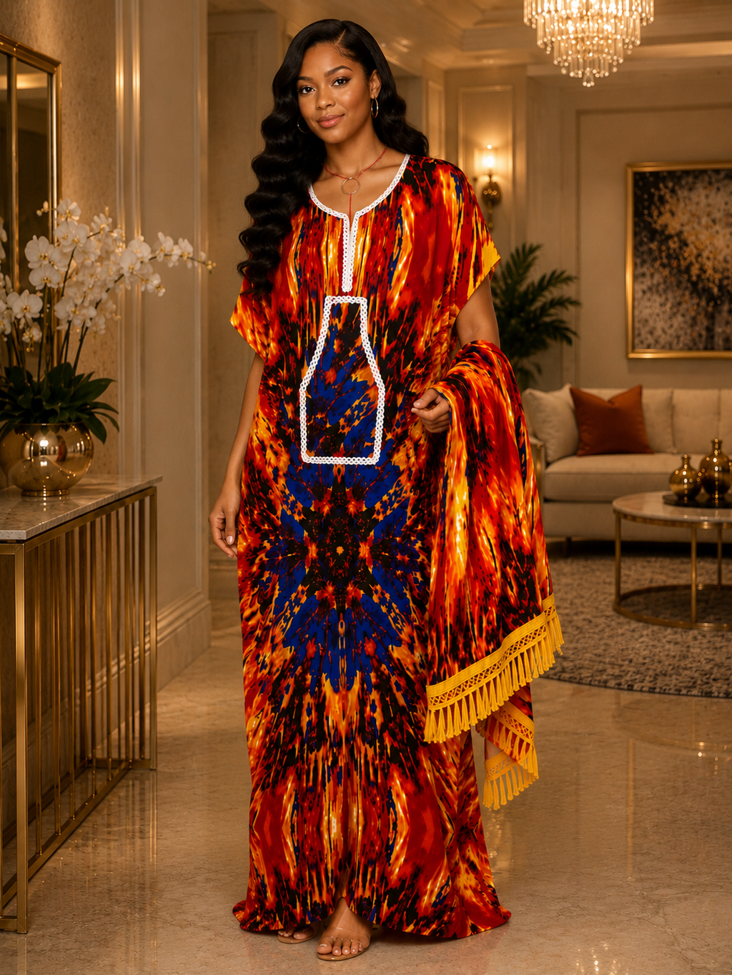 Heritage Flow Lightweight Cotton Maxi Kaftan with Headwrap