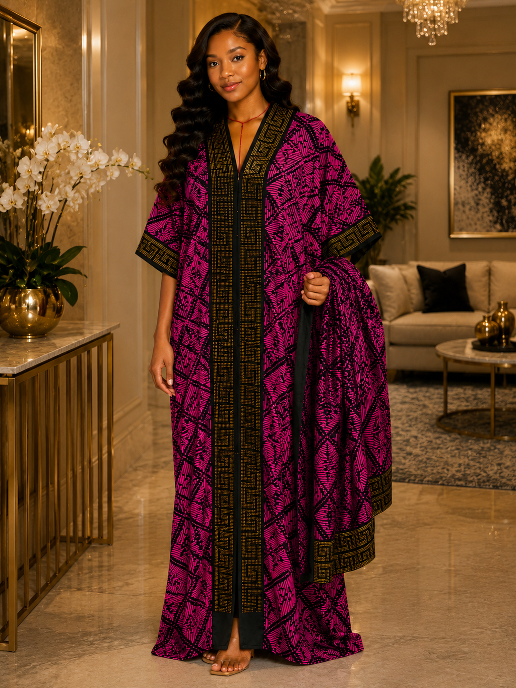 Embellished Geometric Trim Maxi Kaftan