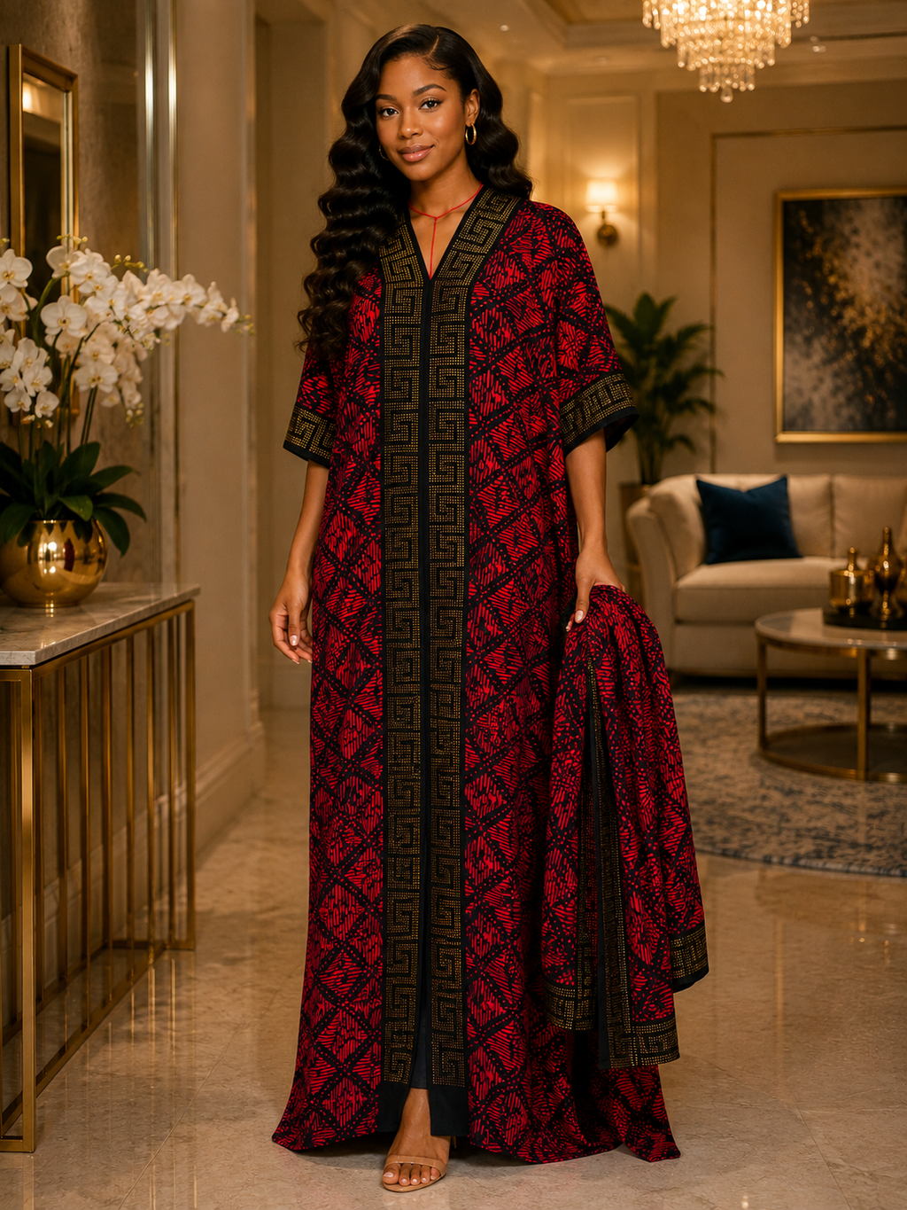 Embellished Geometric Trim Maxi Kaftan