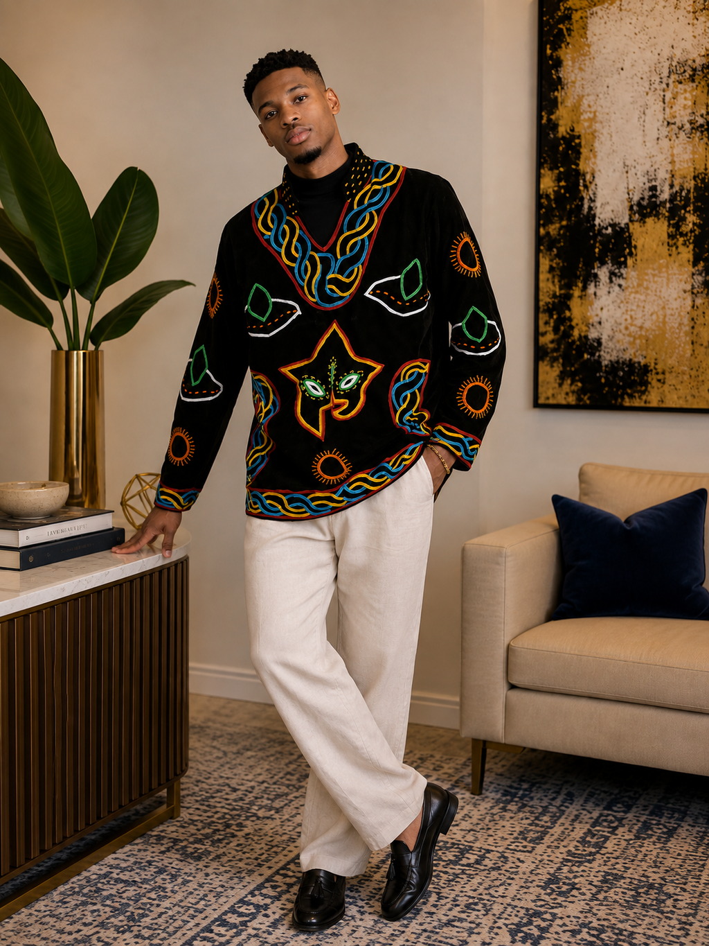 Bamenda Heritage Embroidered Men’s Top – Black