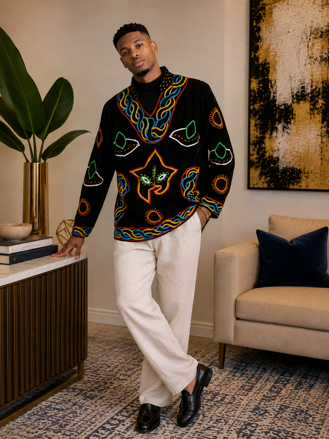 Bamenda Heritage Embroidered Men’s Top – Black