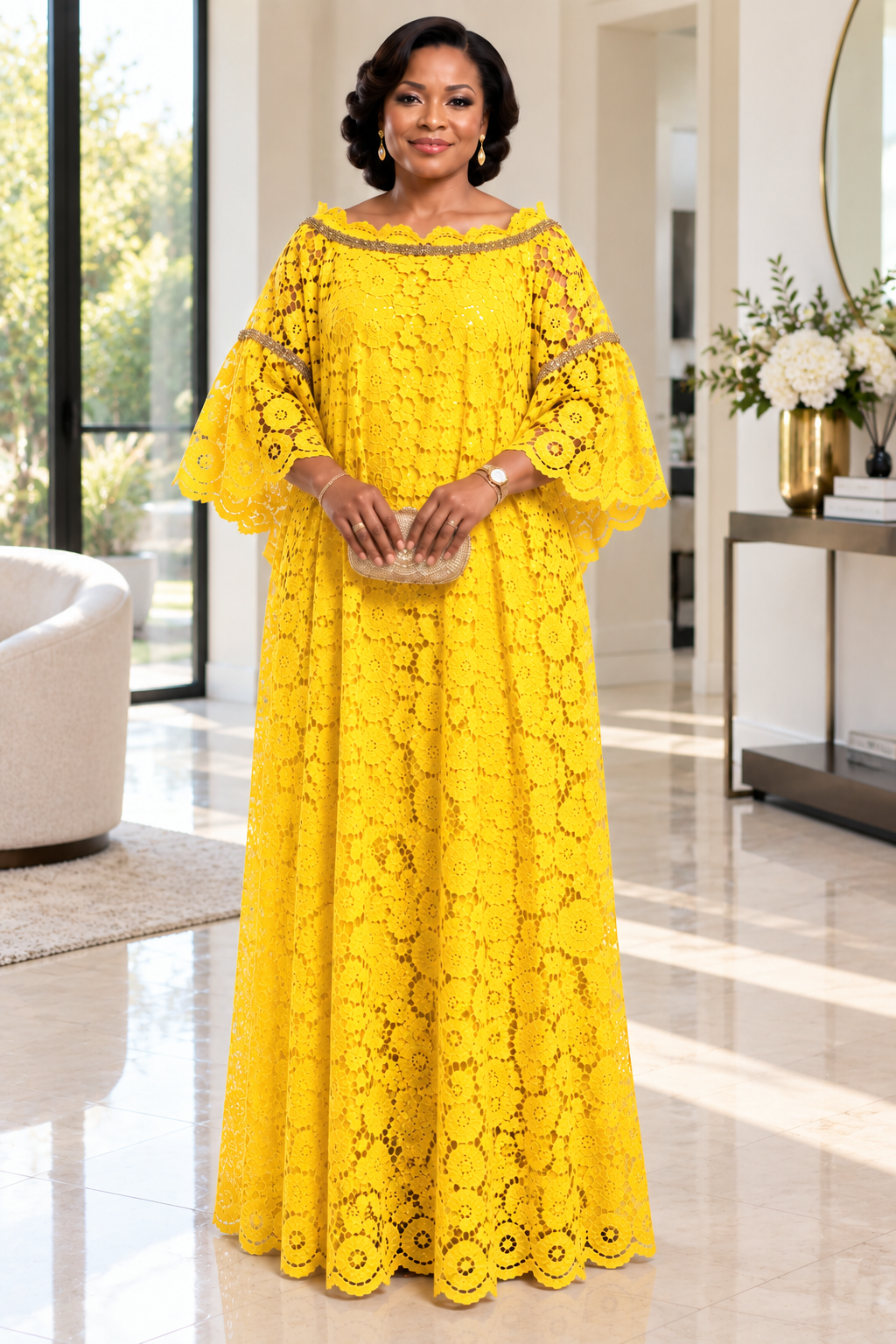 Yellow Lace Boubou with Gold Trim