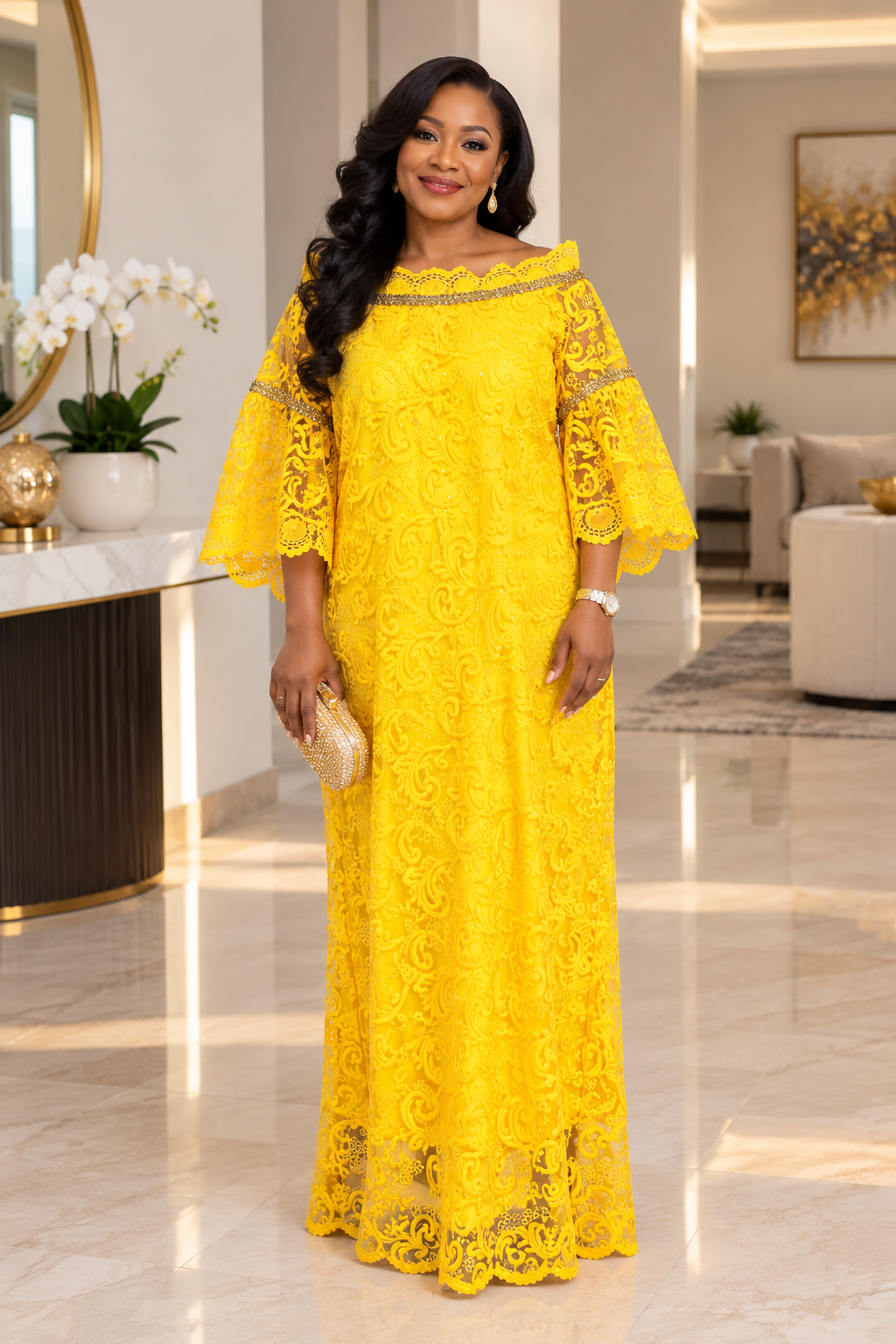 Yellow Embroidered Lace Boubou