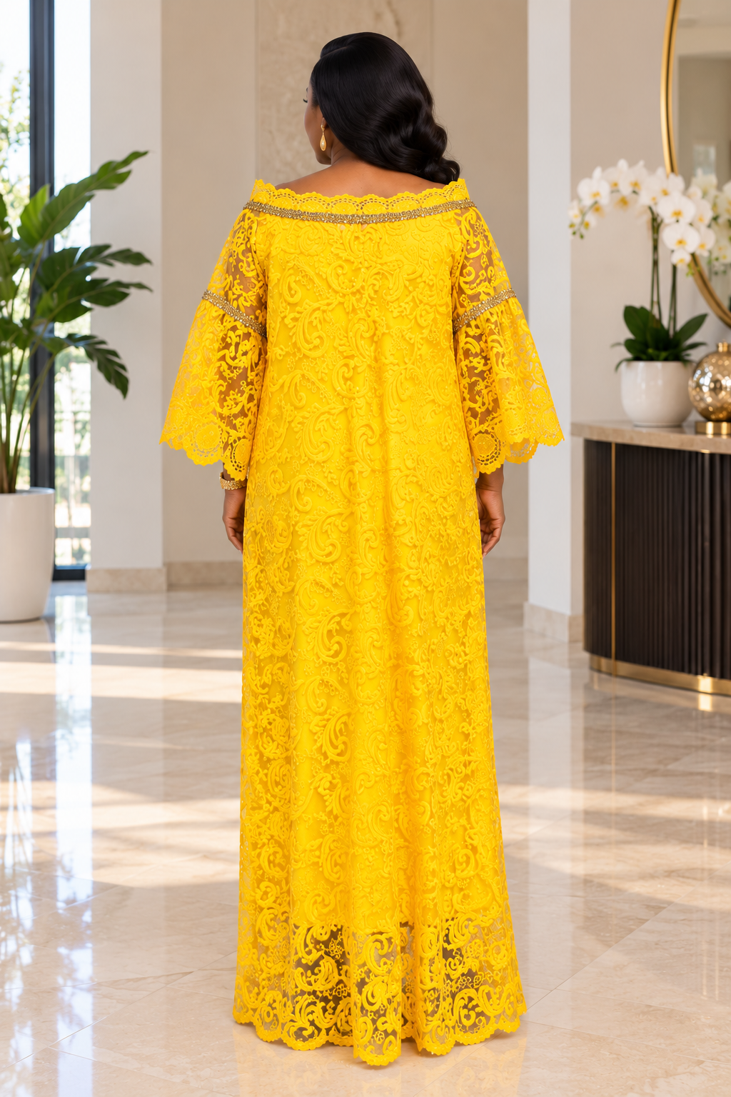 Yellow Embroidered Lace Boubou