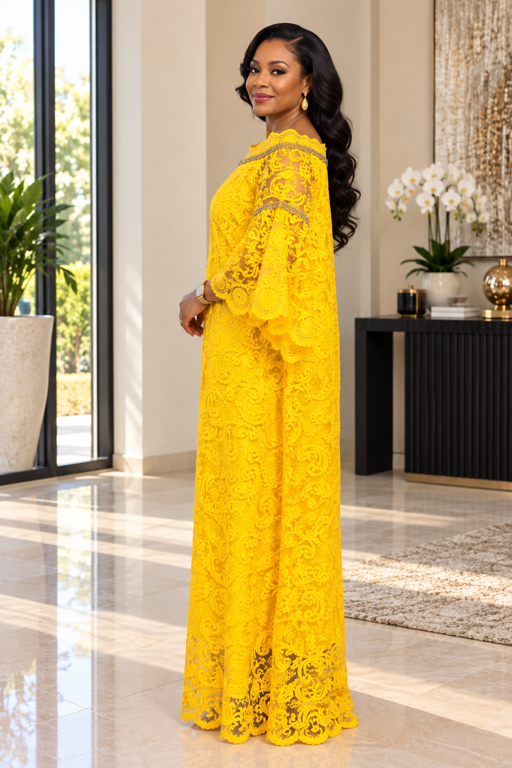 Yellow Embroidered Lace Boubou