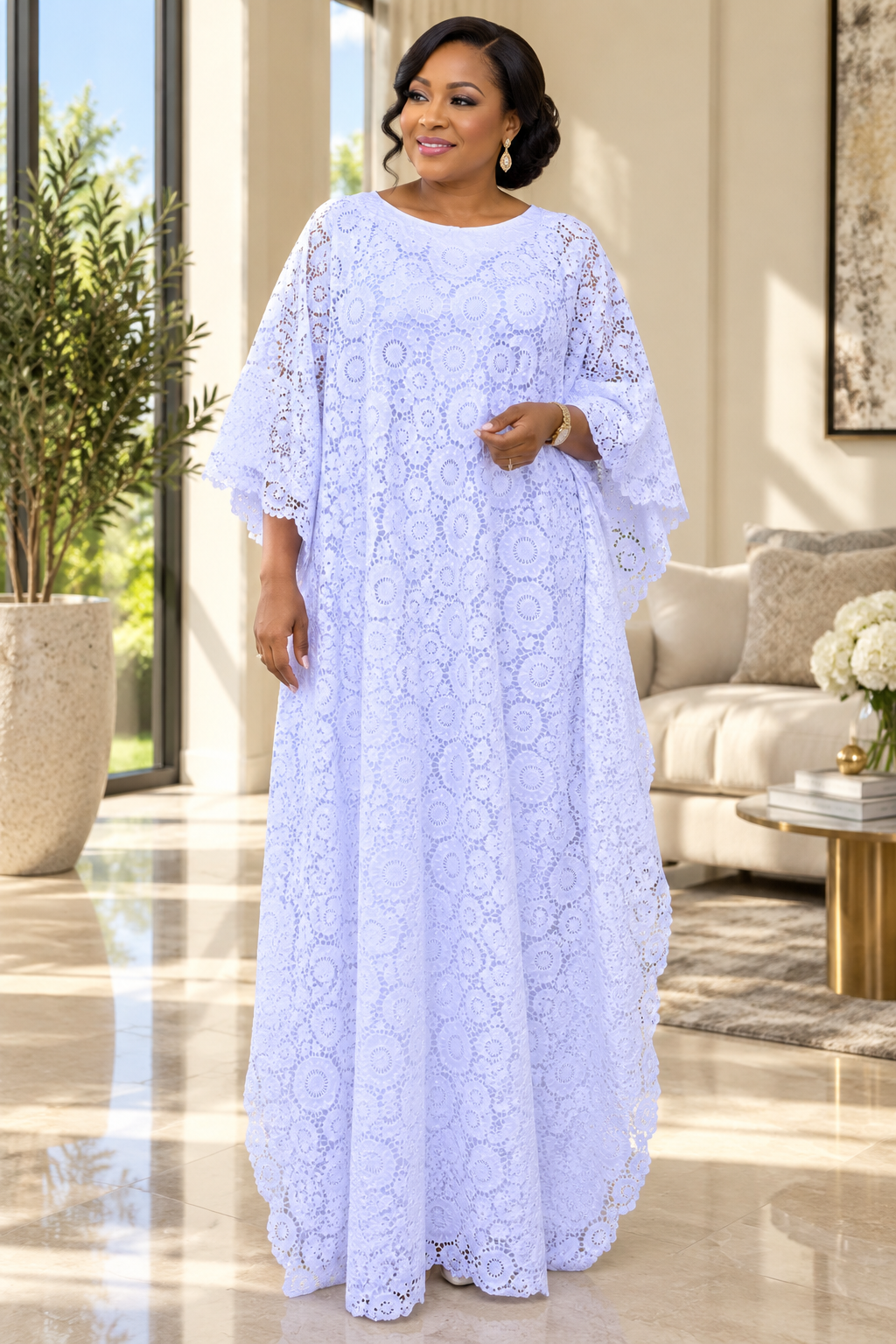 Elegant White Nigerian Floral Lace Boubou