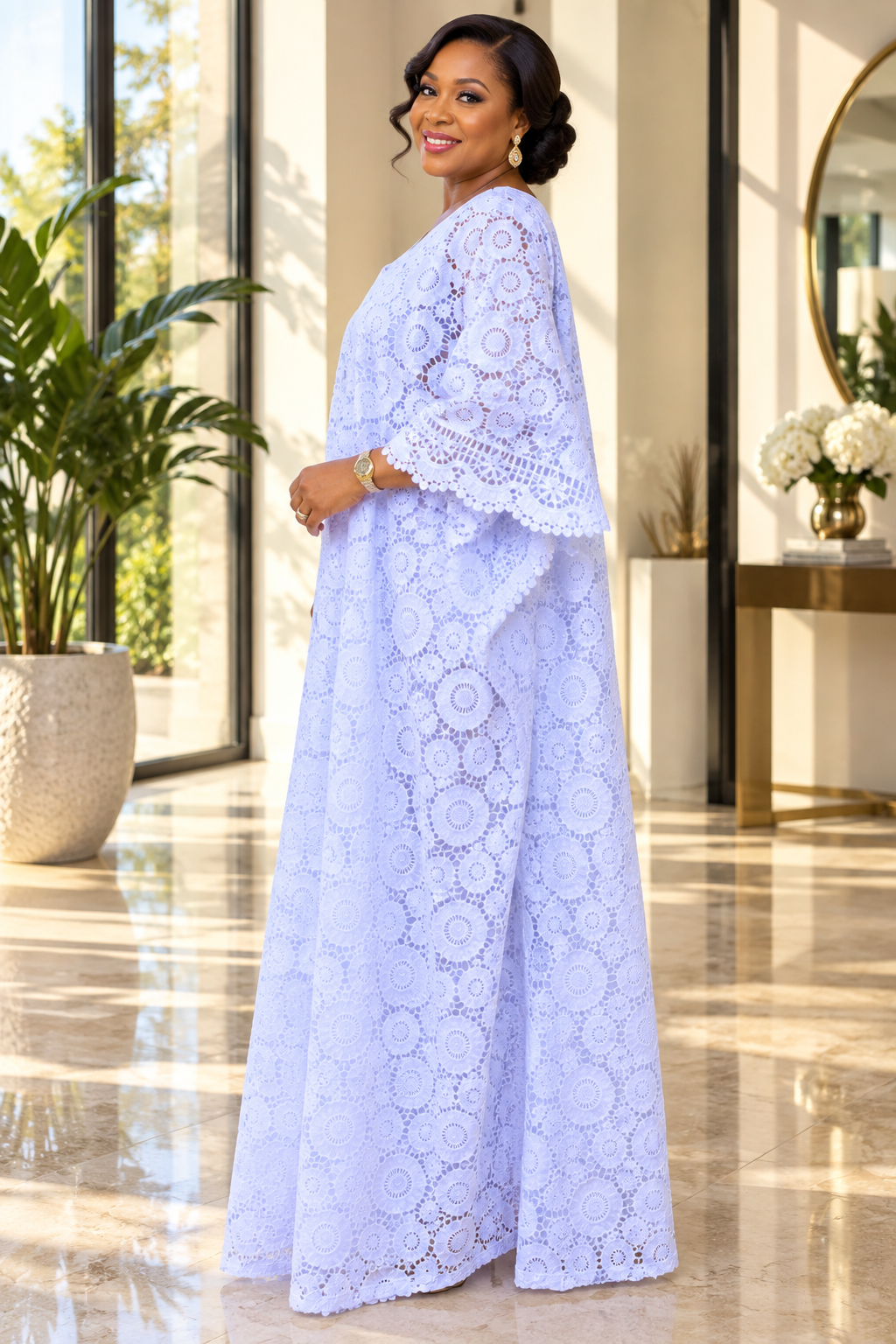 Elegant White Nigerian Floral Lace Boubou