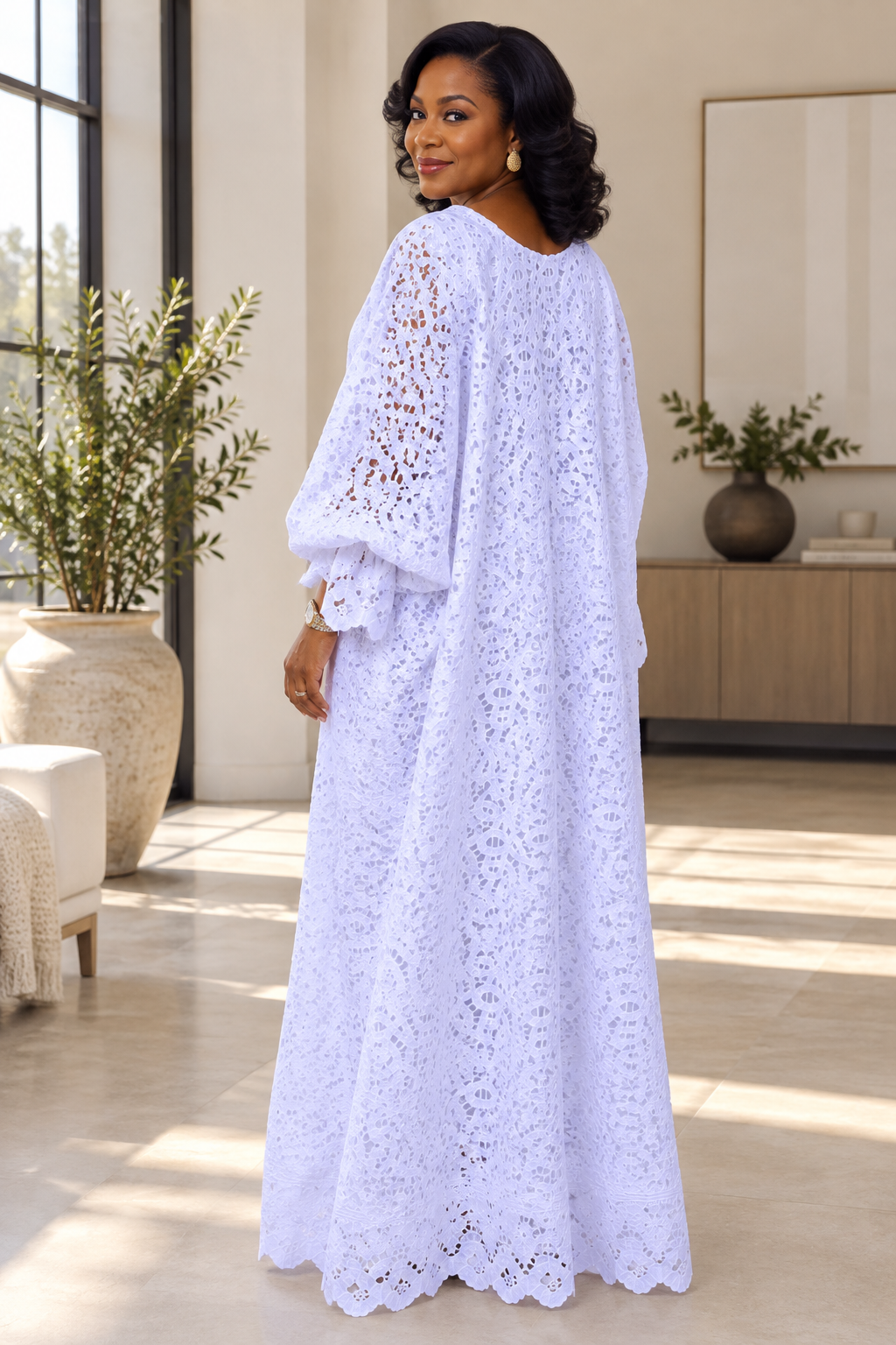 White Lace Boubou Maxi Dress with Ruffle Sleeves