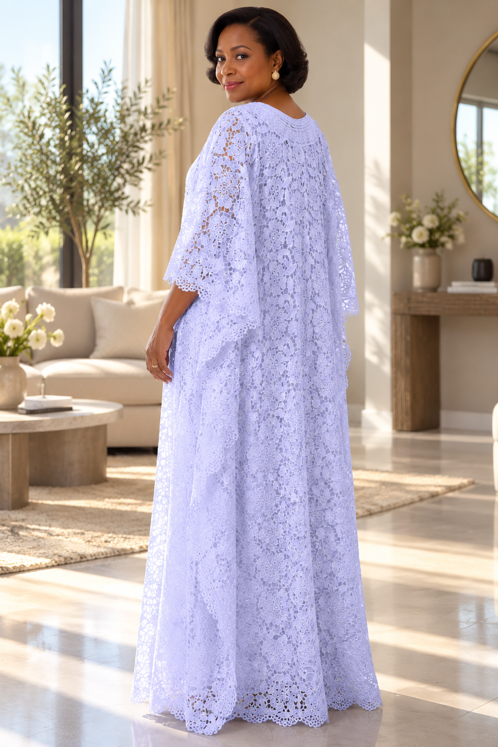 White Floral Lace Boubou Maxi Dress with Scalloped Trim