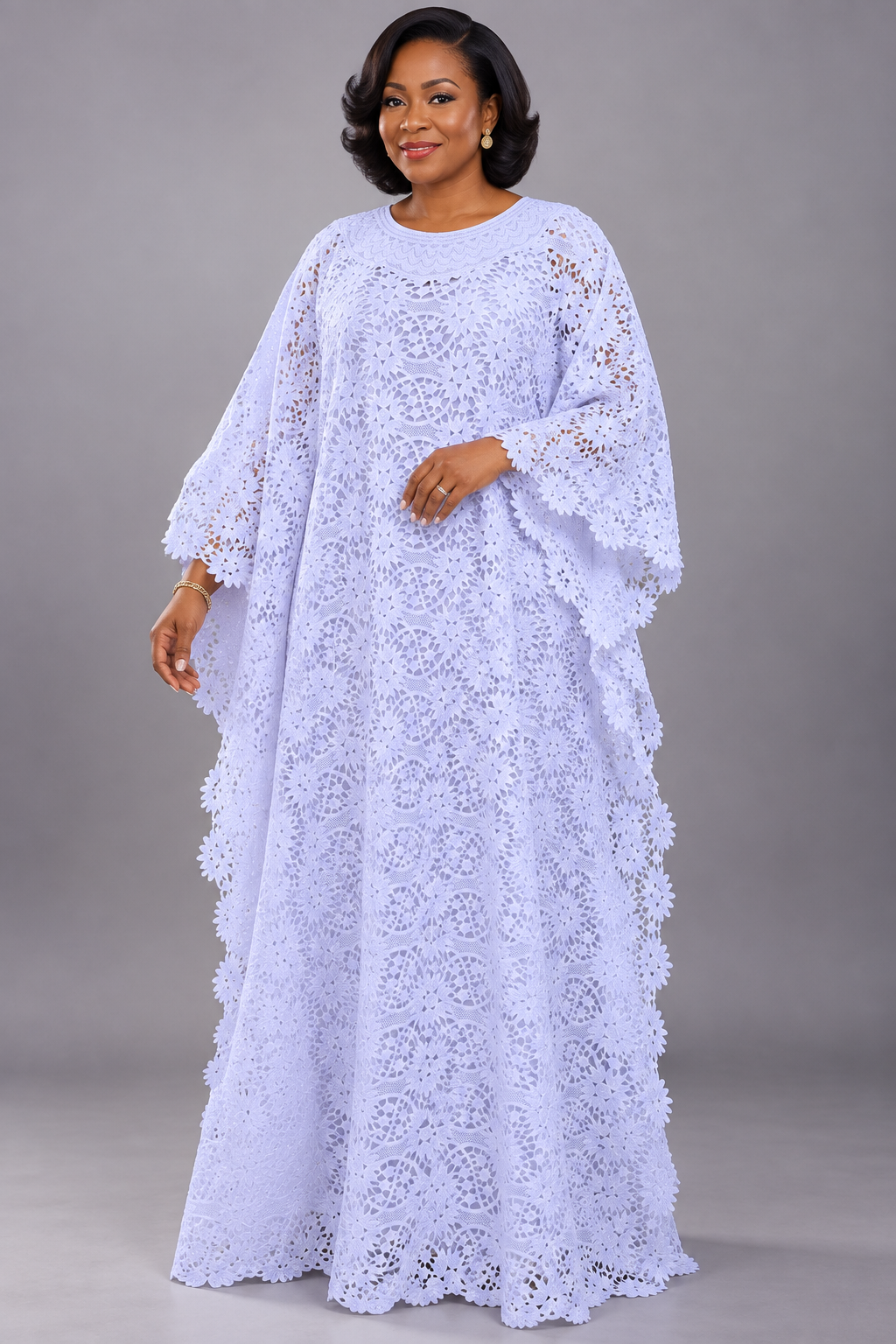 White Floral Lace Boubou Maxi Dress with Petal Trim