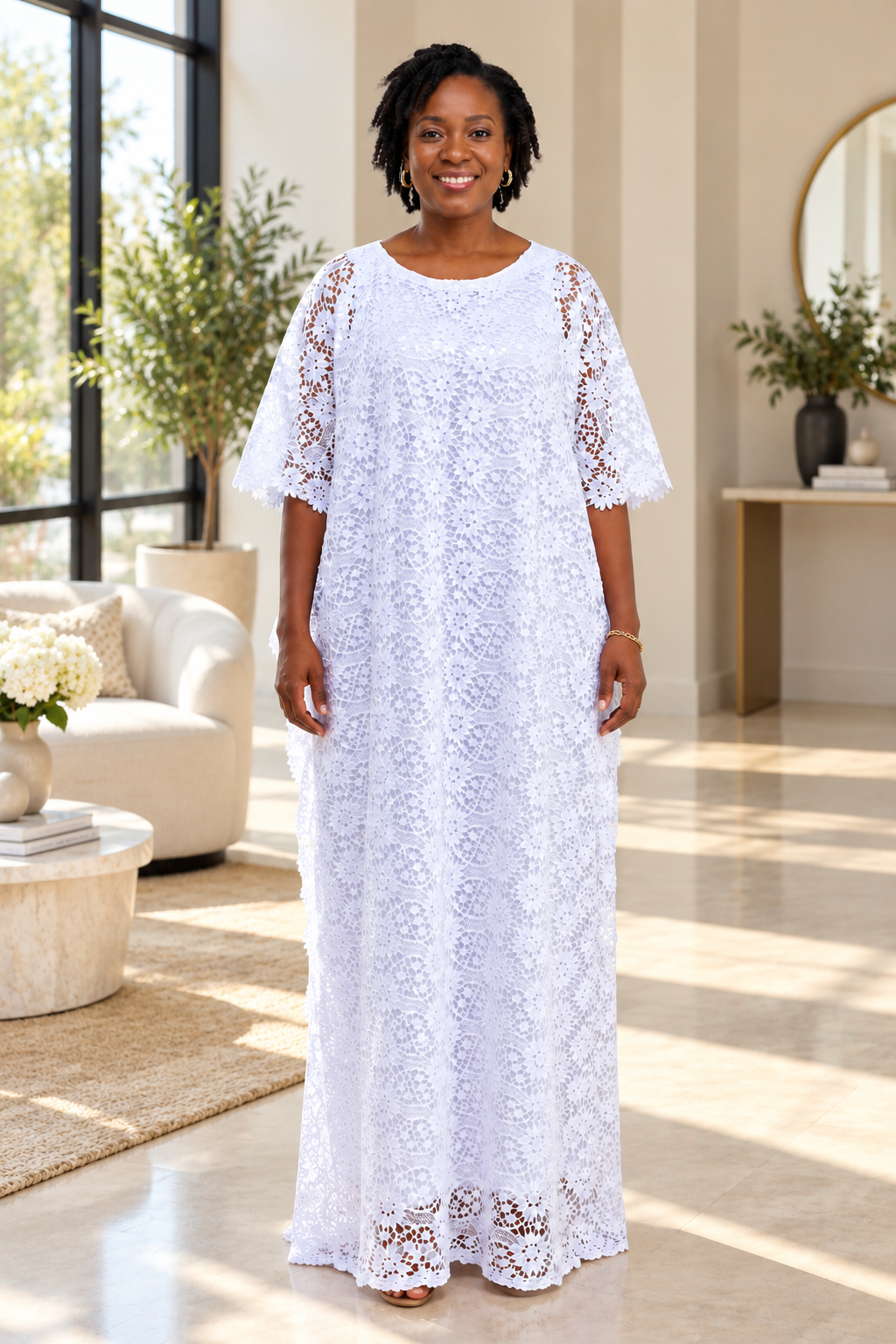 White Floral Lace Straight Boubou Maxi Dress