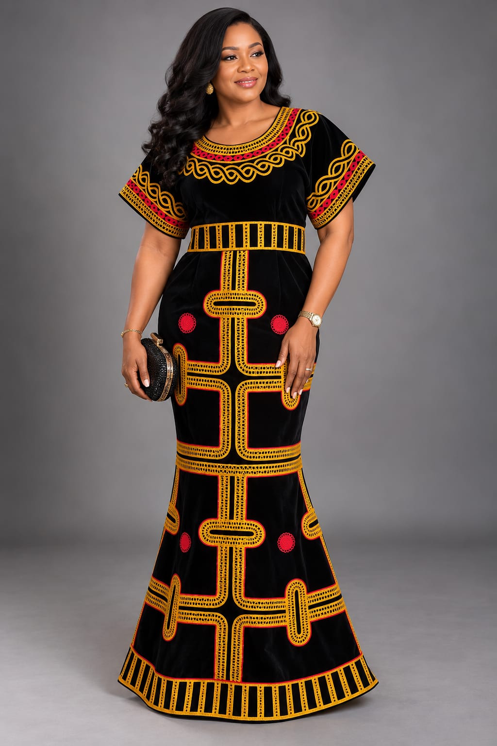 Cameroonian Toghu Mermaid Gown – Traditional Bamenda Cultural Velvet Embroidered Dress