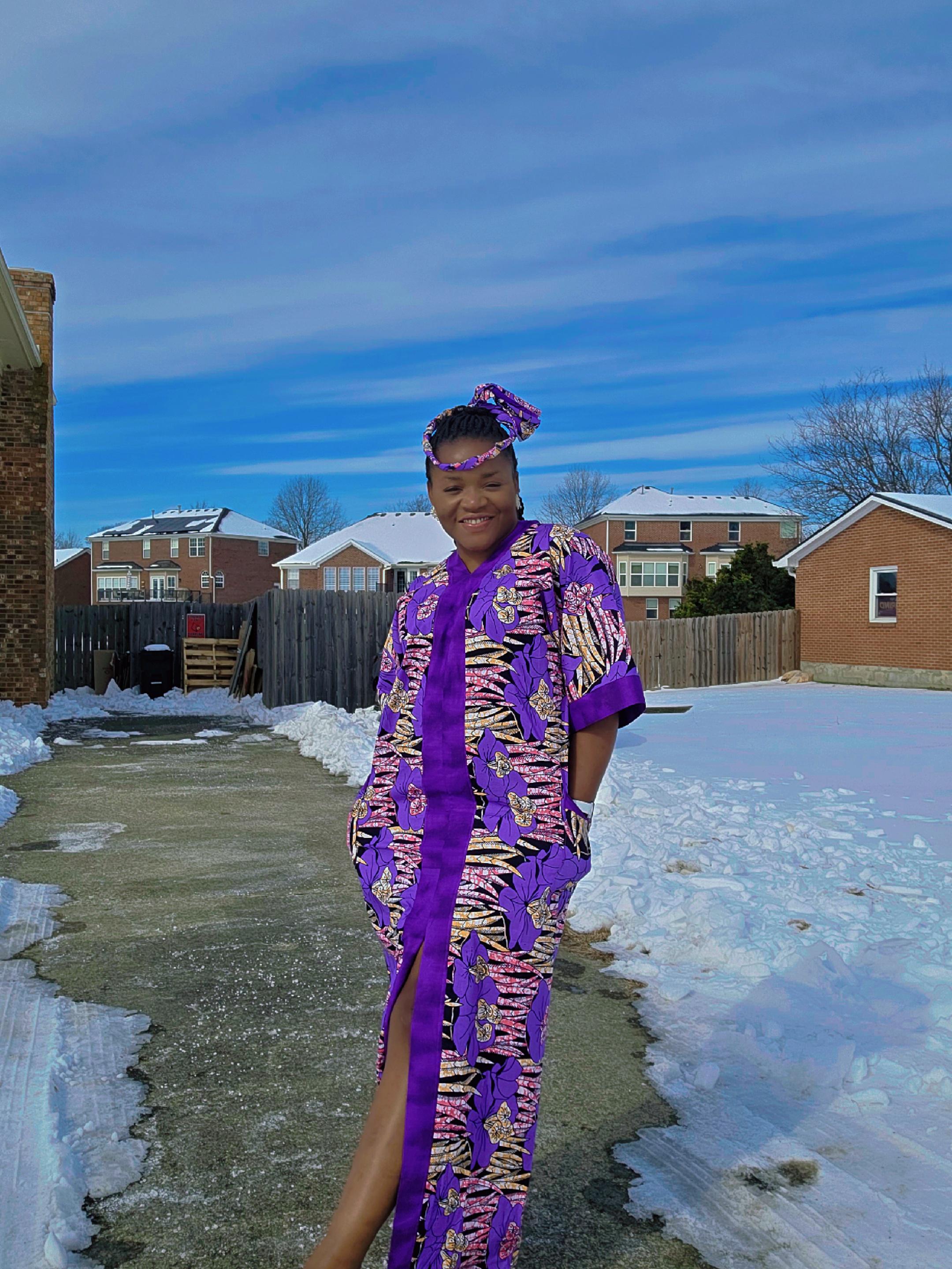Ruby J’s Purple Floral Ankara Front-Opening Maxi Dress