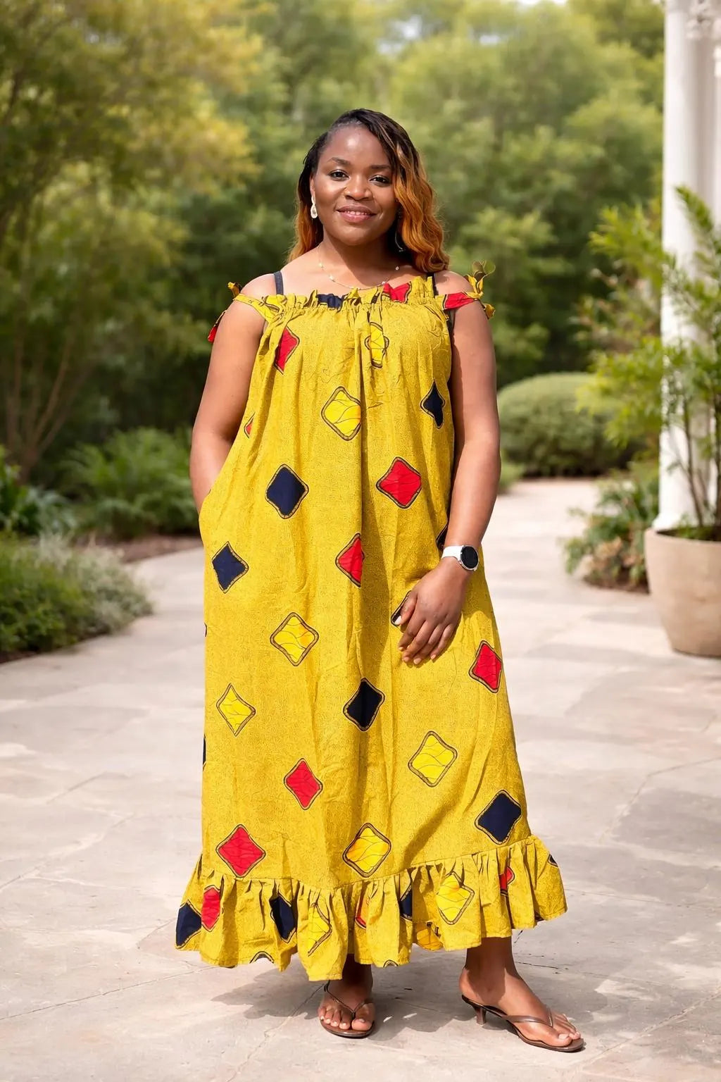 Ruby J’s Golden Ankara Ruffle Maxi Dress