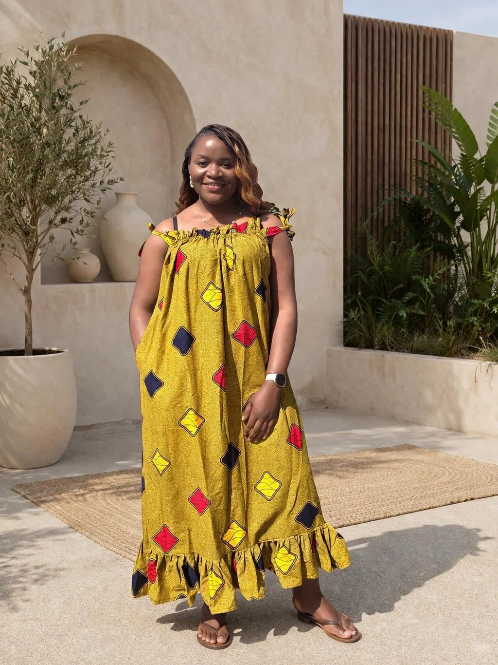 Ruby J’s Golden Ankara Ruffle Maxi Dress