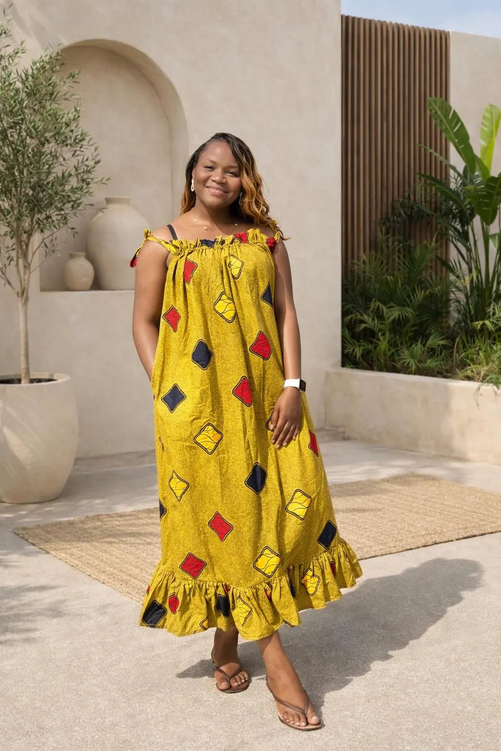 Ruby J’s Golden Ankara Ruffle Maxi Dress