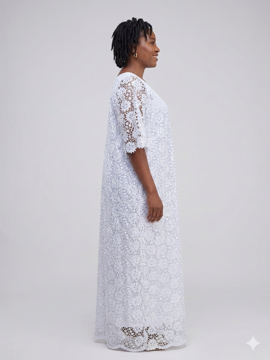 White Floral Lace Straight Boubou Maxi Dress
