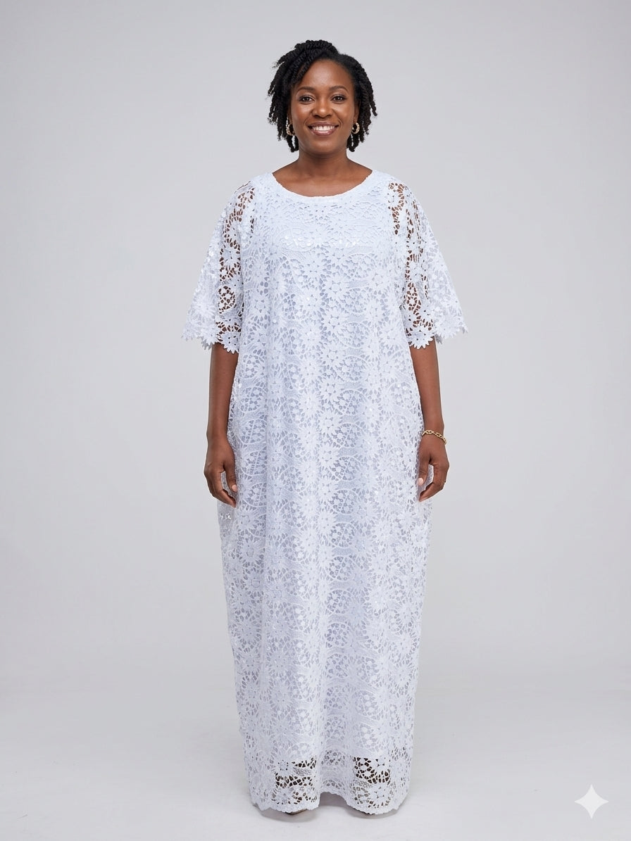 White Floral Lace Straight Boubou Maxi Dress